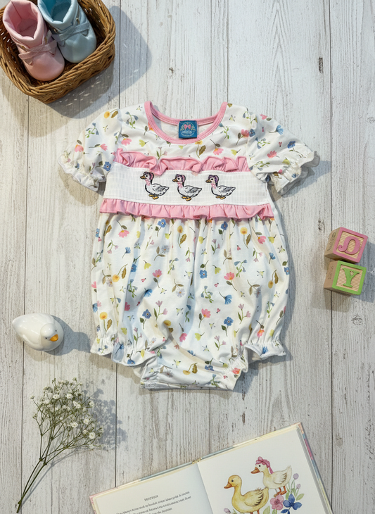 Smocked and embroidered Geese bubble romper