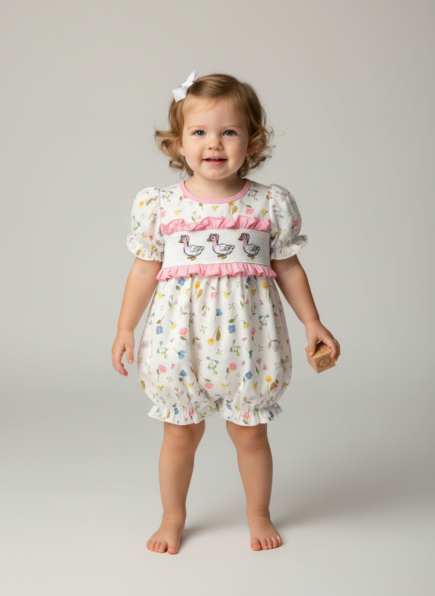 Smocked and embroidered Geese bubble romper