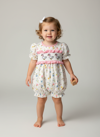 Smocked and embroidered Geese bubble romper