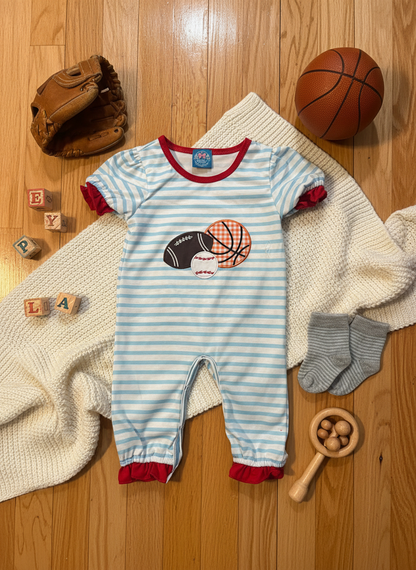 Sports  football, baseball, basketball embroidered appplique romper