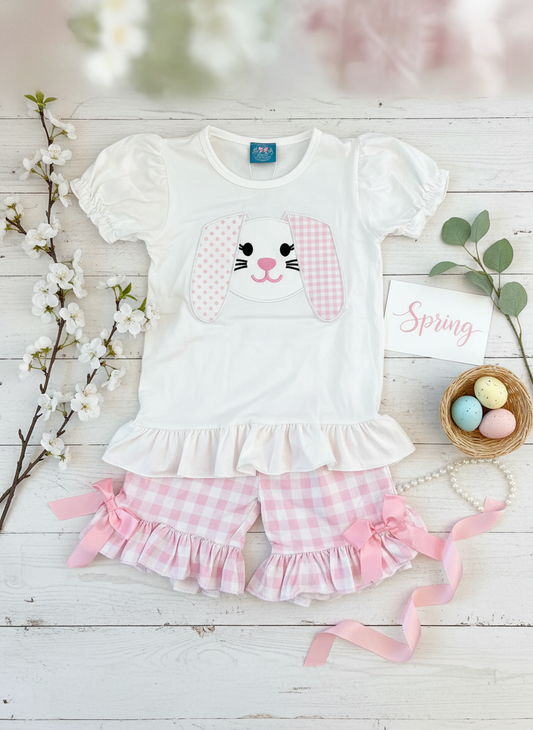 Pink gingham bunny ruffle short set