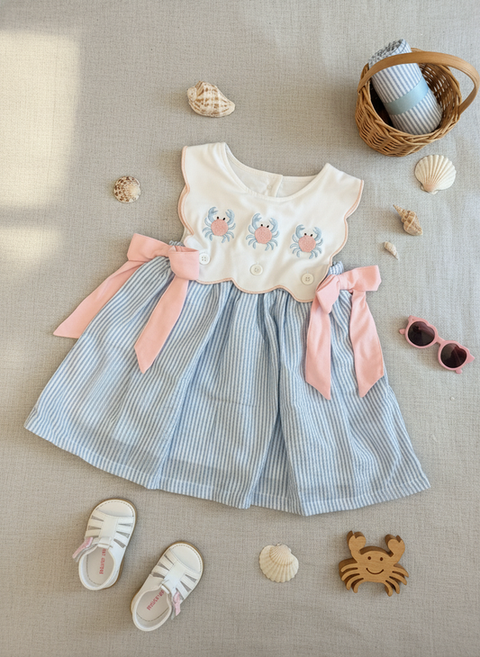 Embroidered crab seersucker dress