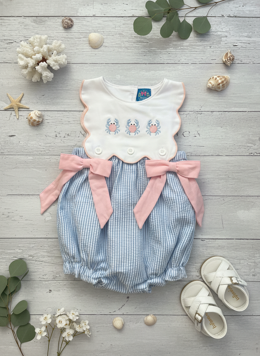Crab seersucker bubble bow romper