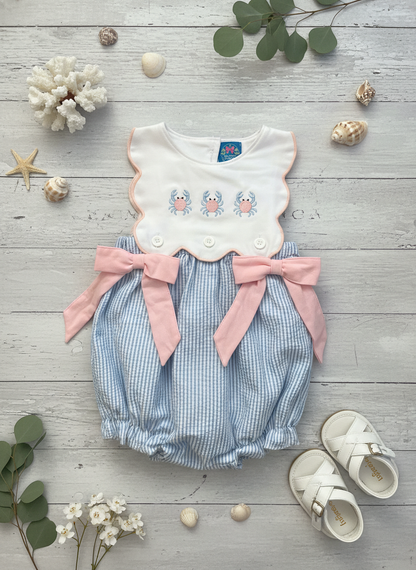 Crab seersucker bubble bow romper