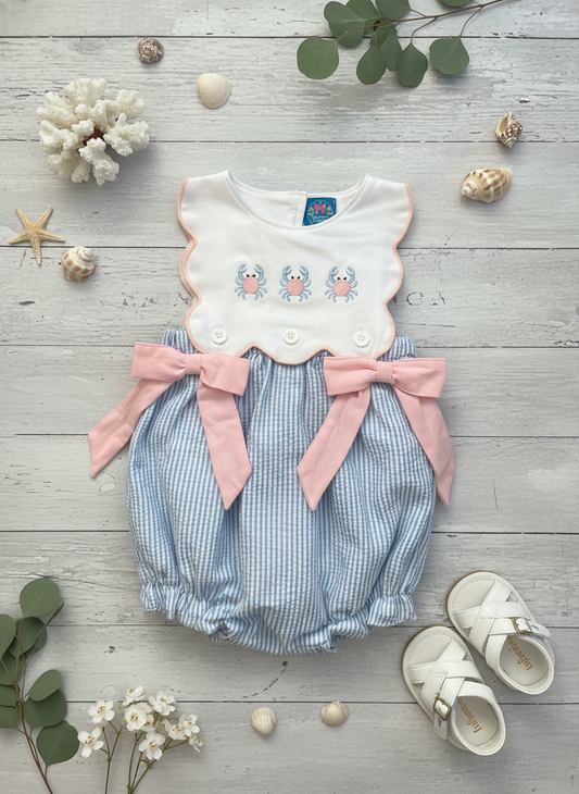 Crab seersucker bubble bow romper