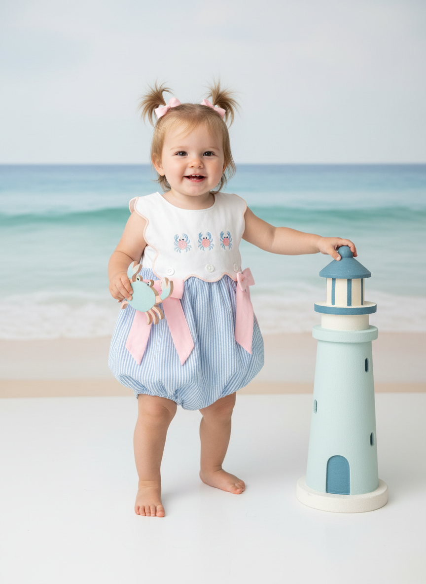 Crab seersucker bubble bow romper
