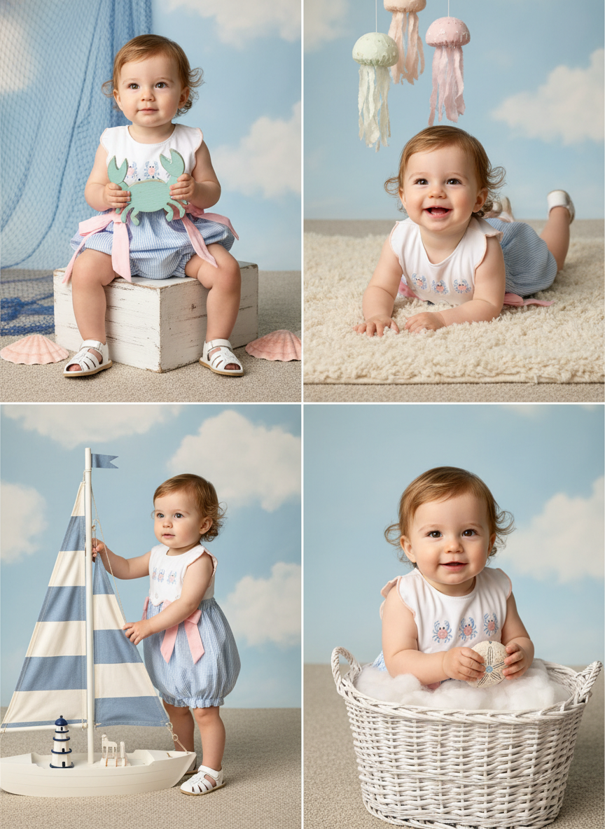 Crab seersucker bubble bow romper