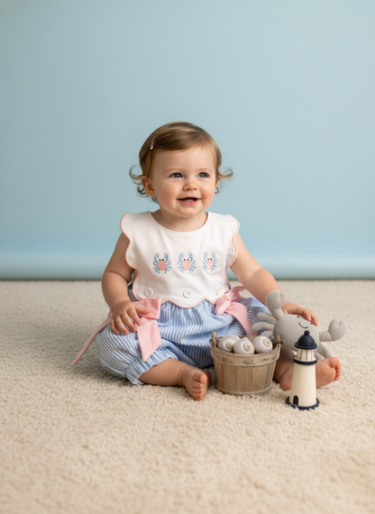 Crab seersucker bubble bow romper
