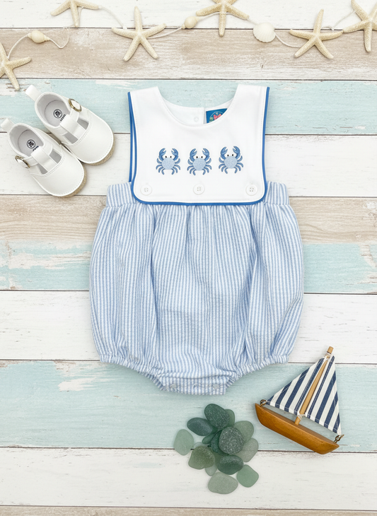 Blue crab seersucker bubble romper