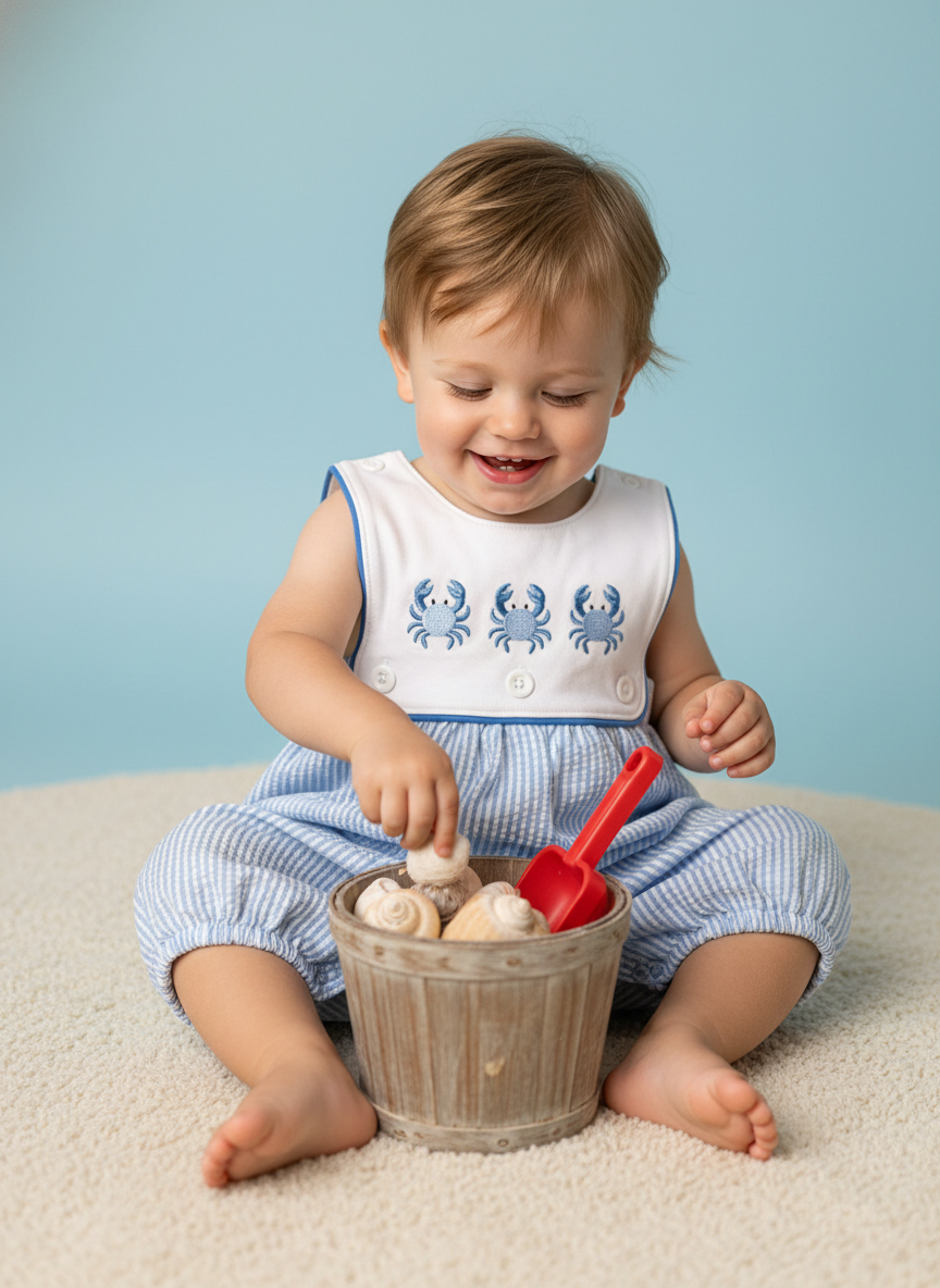 Blue crab seersucker bubble romper