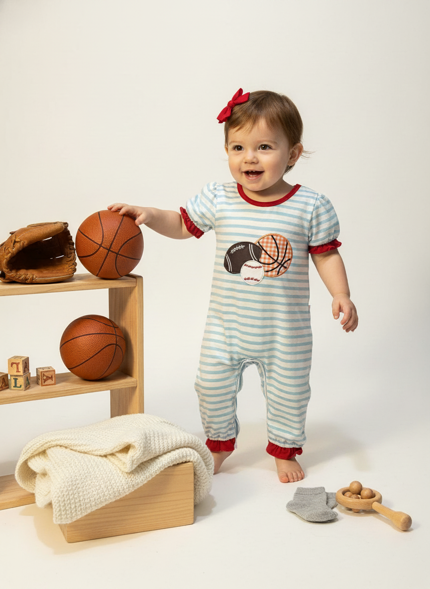 Sports  football, baseball, basketball embroidered appplique romper