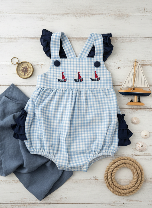 Nautical dream gingham ruffle romper