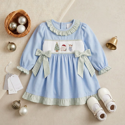 Coastal Christmas embroidered trio dress (part of sibling set)
