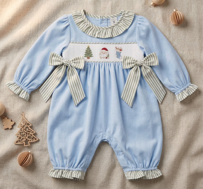 Coastal Christmas smocked and embroidered romper (part of sibling set)