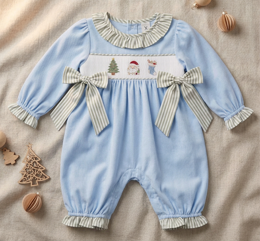 Coastal Christmas smocked and embroidered romper (part of sibling set)