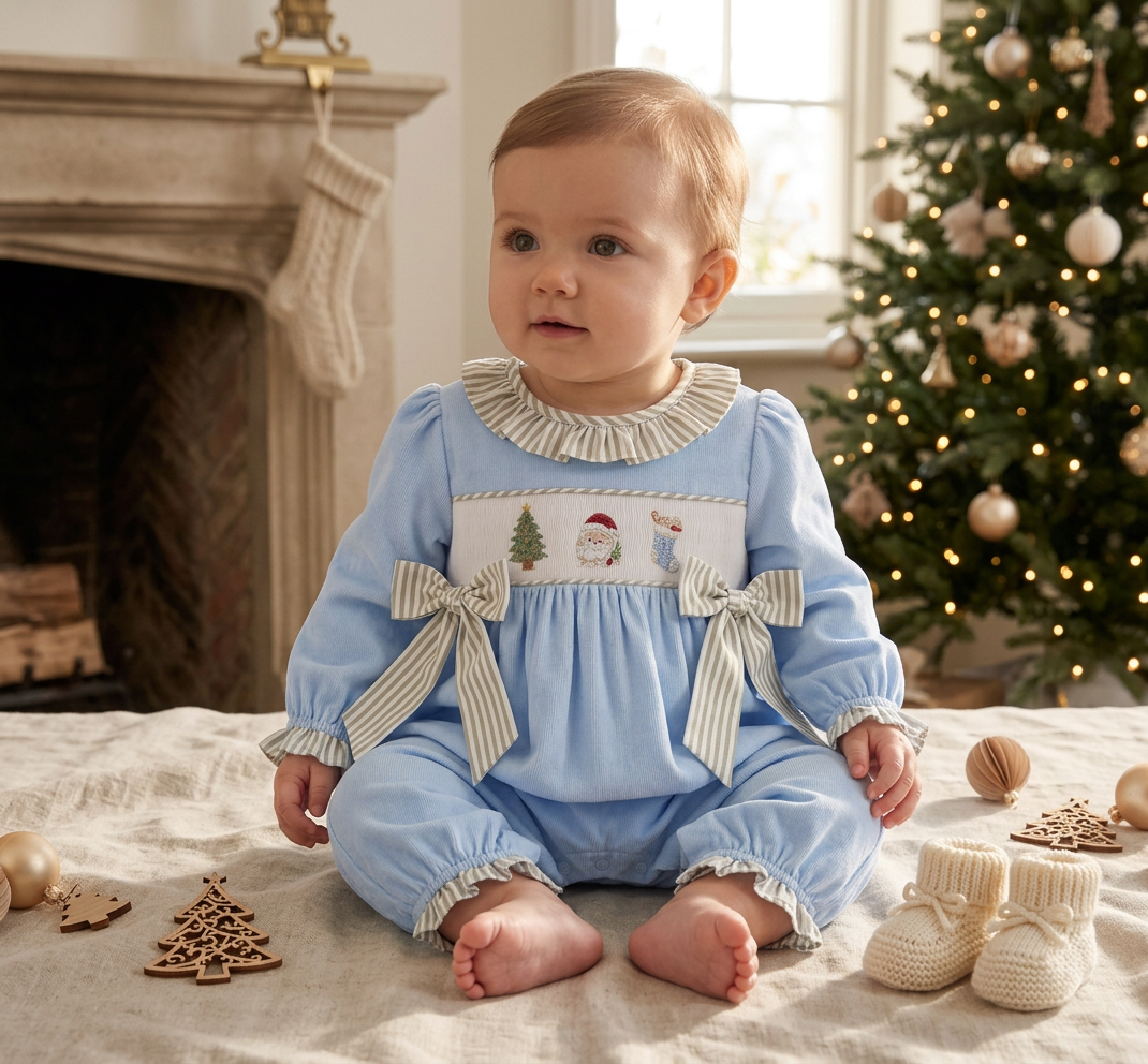 Coastal Christmas smocked and embroidered romper (part of sibling set)