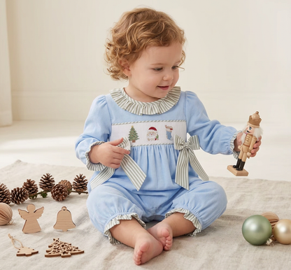 Coastal Christmas smocked and embroidered romper (part of sibling set)