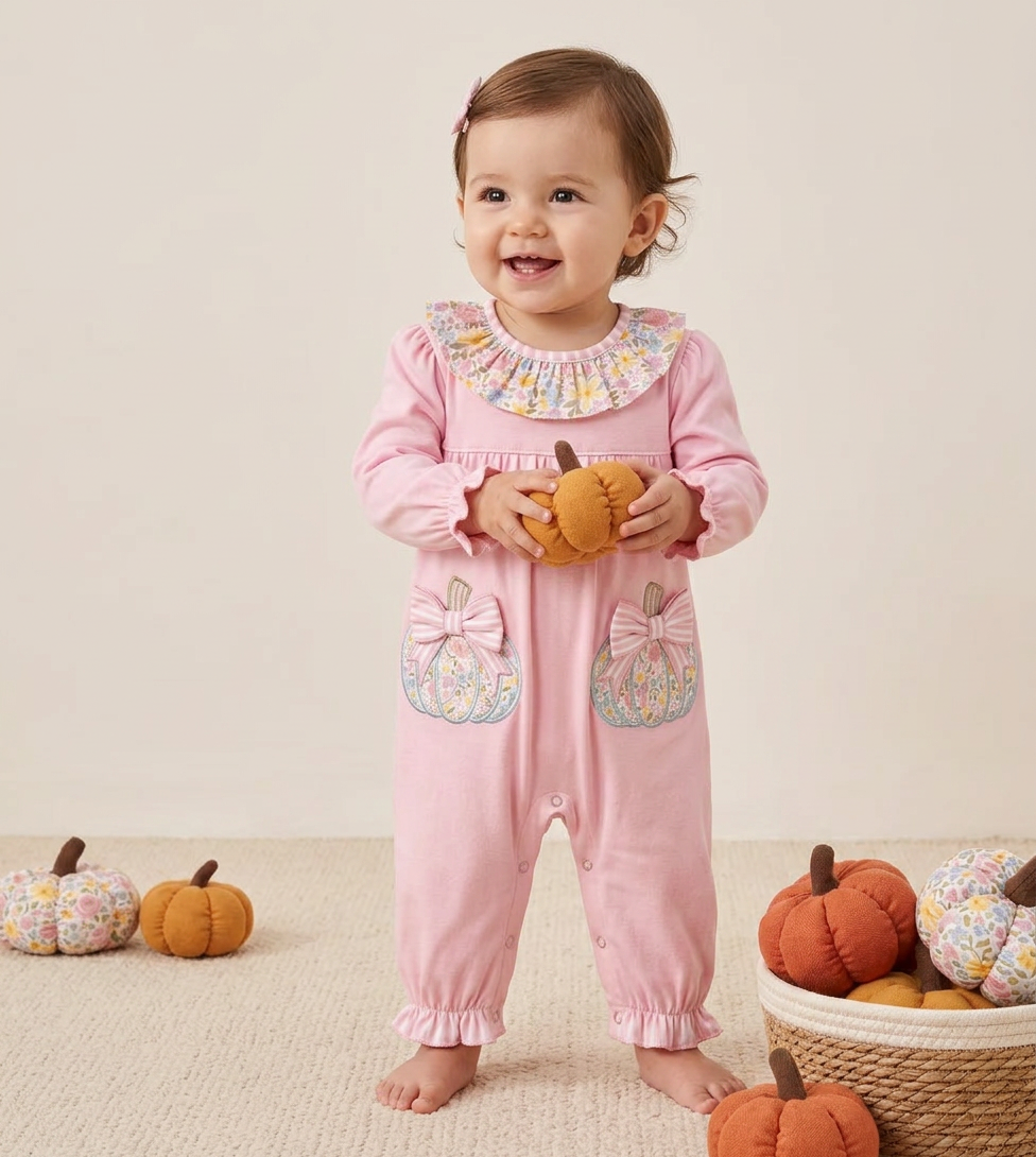 Floral ruffle pumpkin pant set with stripe accents applique and embroidery