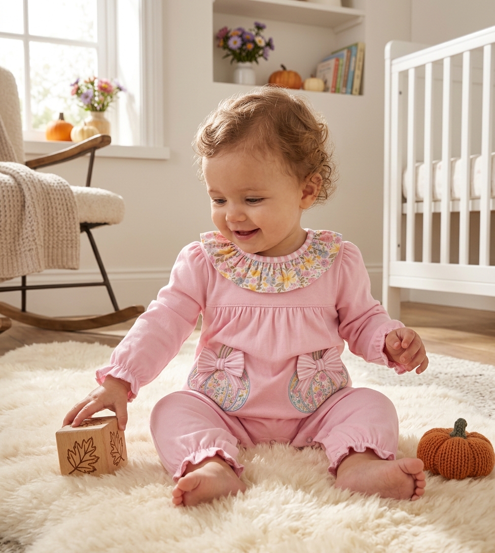 Floral ruffle pumpkin pant set with stripe accents applique and embroidery