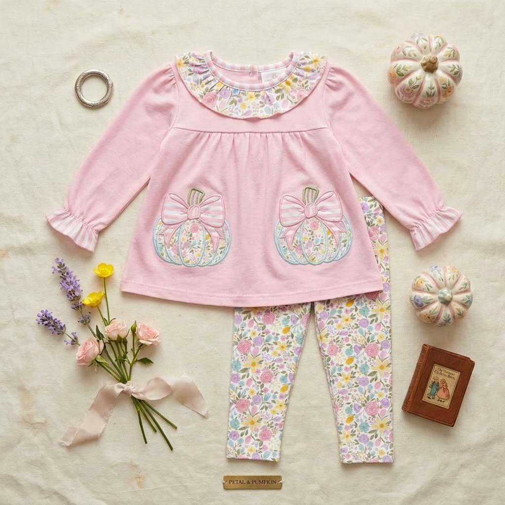 Pastel pumpkin apllique, embroidery pant set