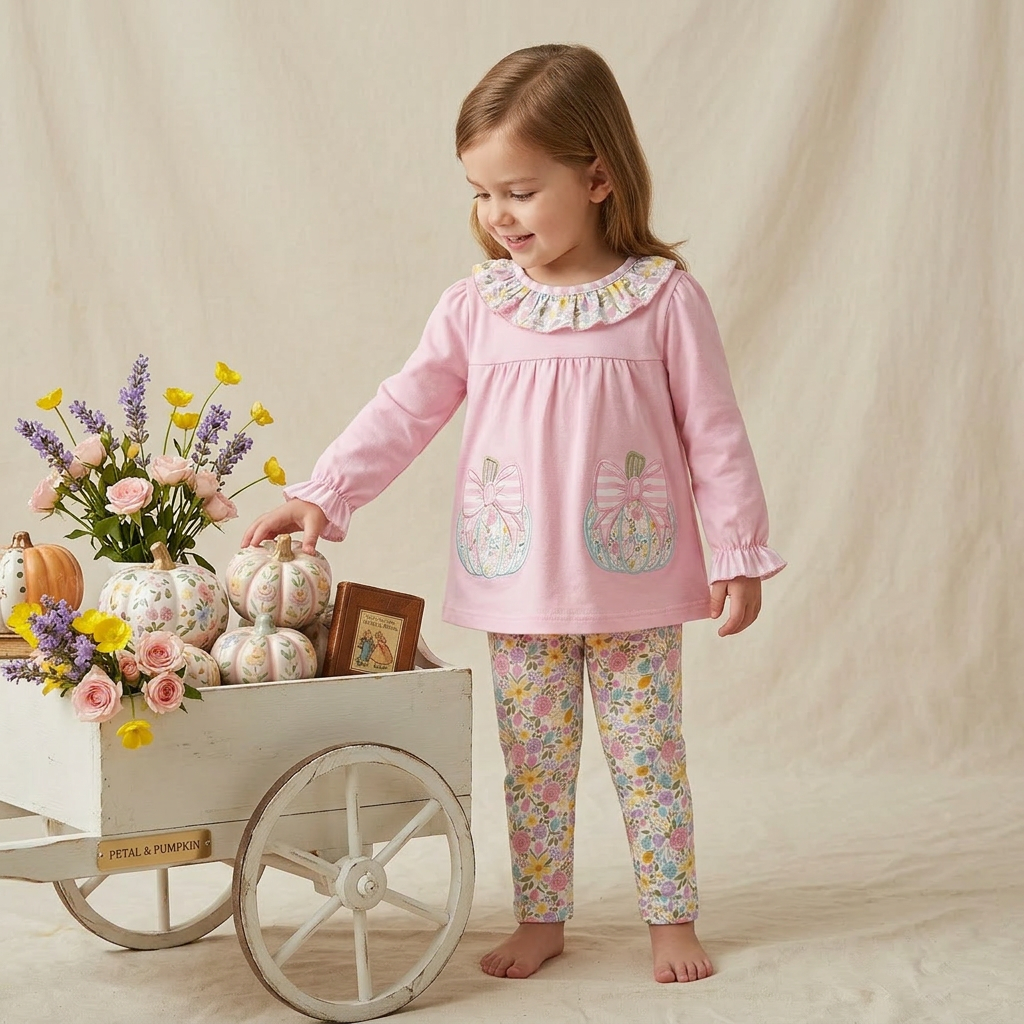Pastel pumpkin apllique, embroidery pant set