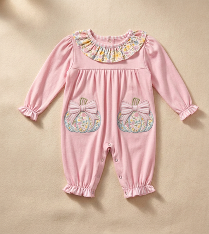 Floral ruffle pumpkin pant set with stripe accents applique and embroidery