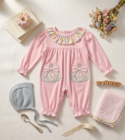 Floral ruffle pumpkin pant set with stripe accents applique and embroidery
