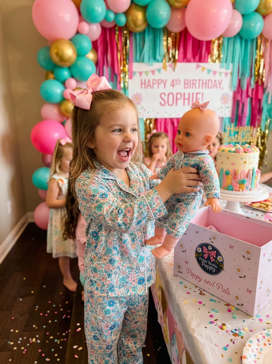 Matching girl and baby doll pajama set with adorable gift box with handle