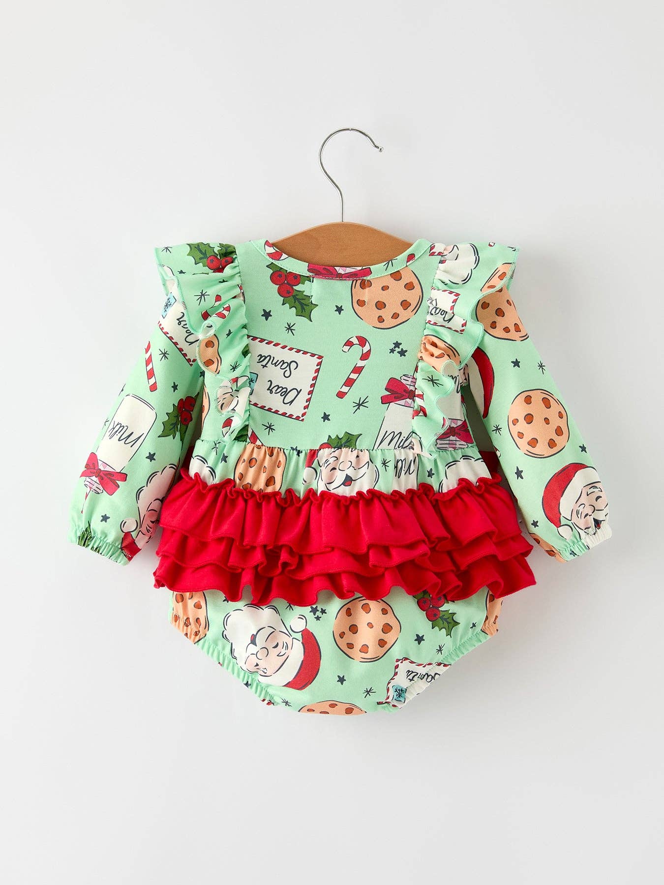 Christmas Santa and Cookie Print Baby Girls Romper with Red Bow Detail