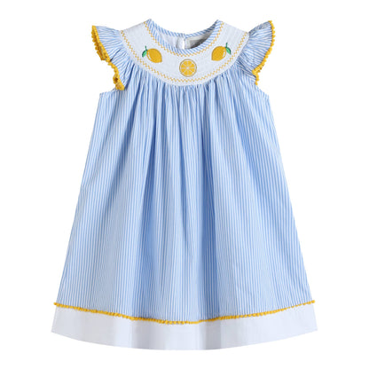 Light Blue Striped Lemons Smocked Bishop Dress