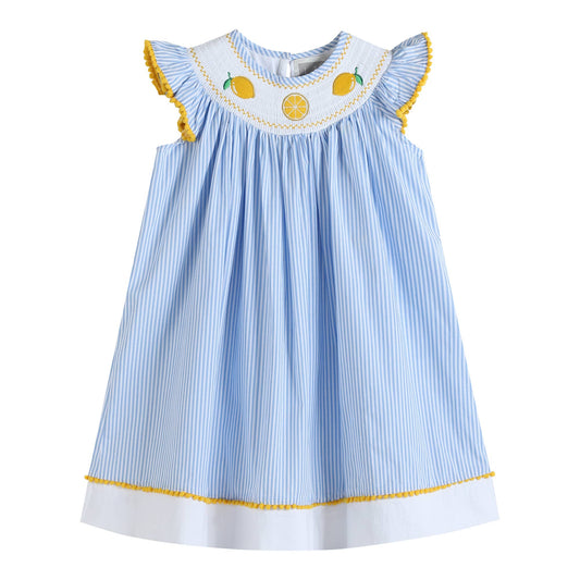 Light Blue Striped Lemons Smocked Bishop Dress