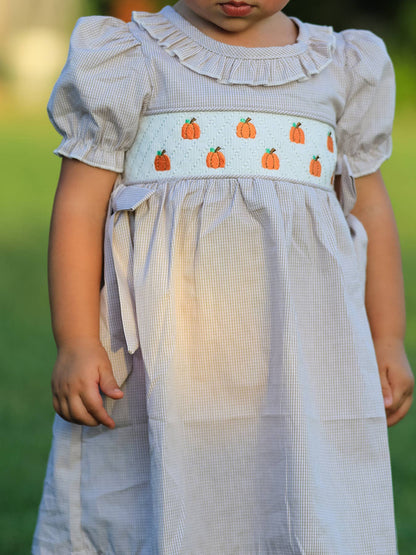 Halloween & Thanksgiving Pumpkin Embroidery Smock Plaid Girls Dress
