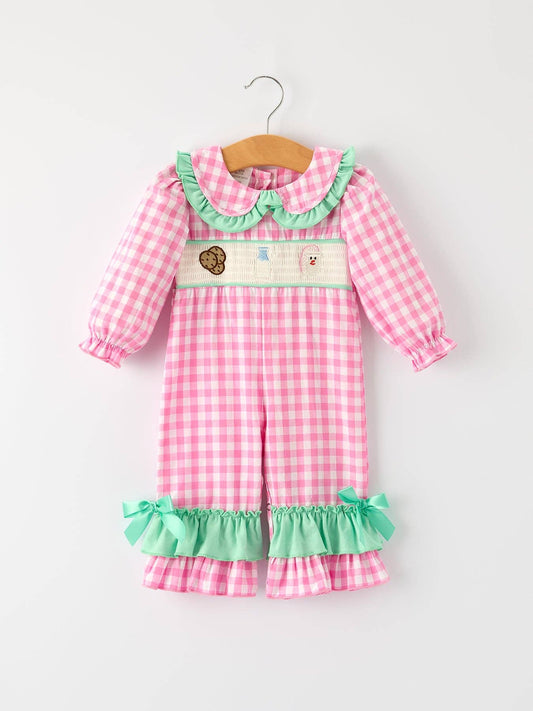 Christmas Green Santa Smocking Applique Plaid Baby Girls Romper