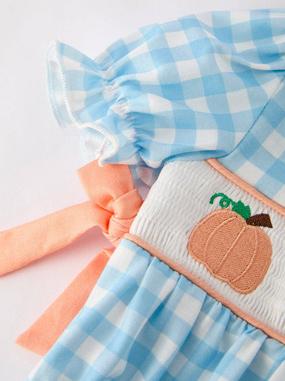Halloween Pumpkin Embroidery Smocking Blue Plaid Romper