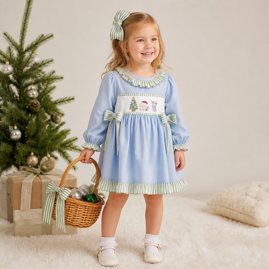 Coastal Christmas embroidered trio dress (part of sibling set) 5-6t