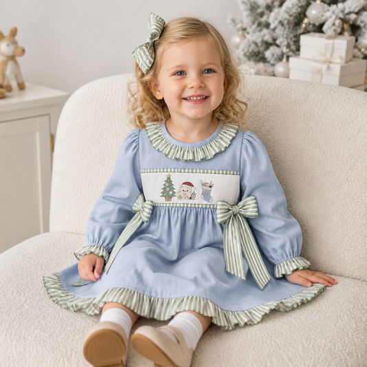 Coastal Christmas embroidered trio dress (part of sibling set)