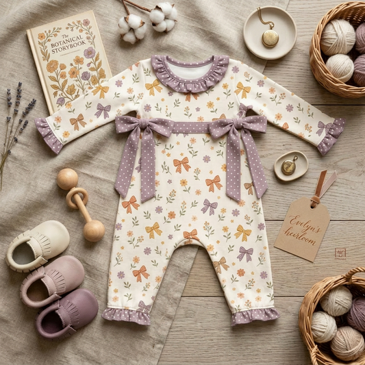 Fall floral ruffled, polka dot bow romper