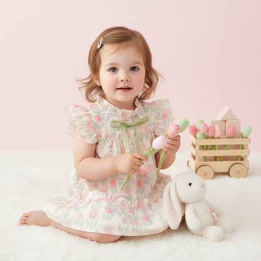 Chiffon flower dress with rabbits