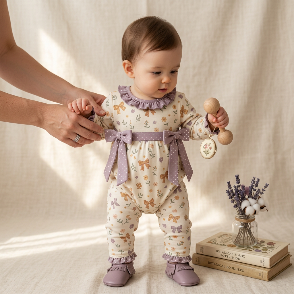 Fall floral ruffled, polka dot bow romper