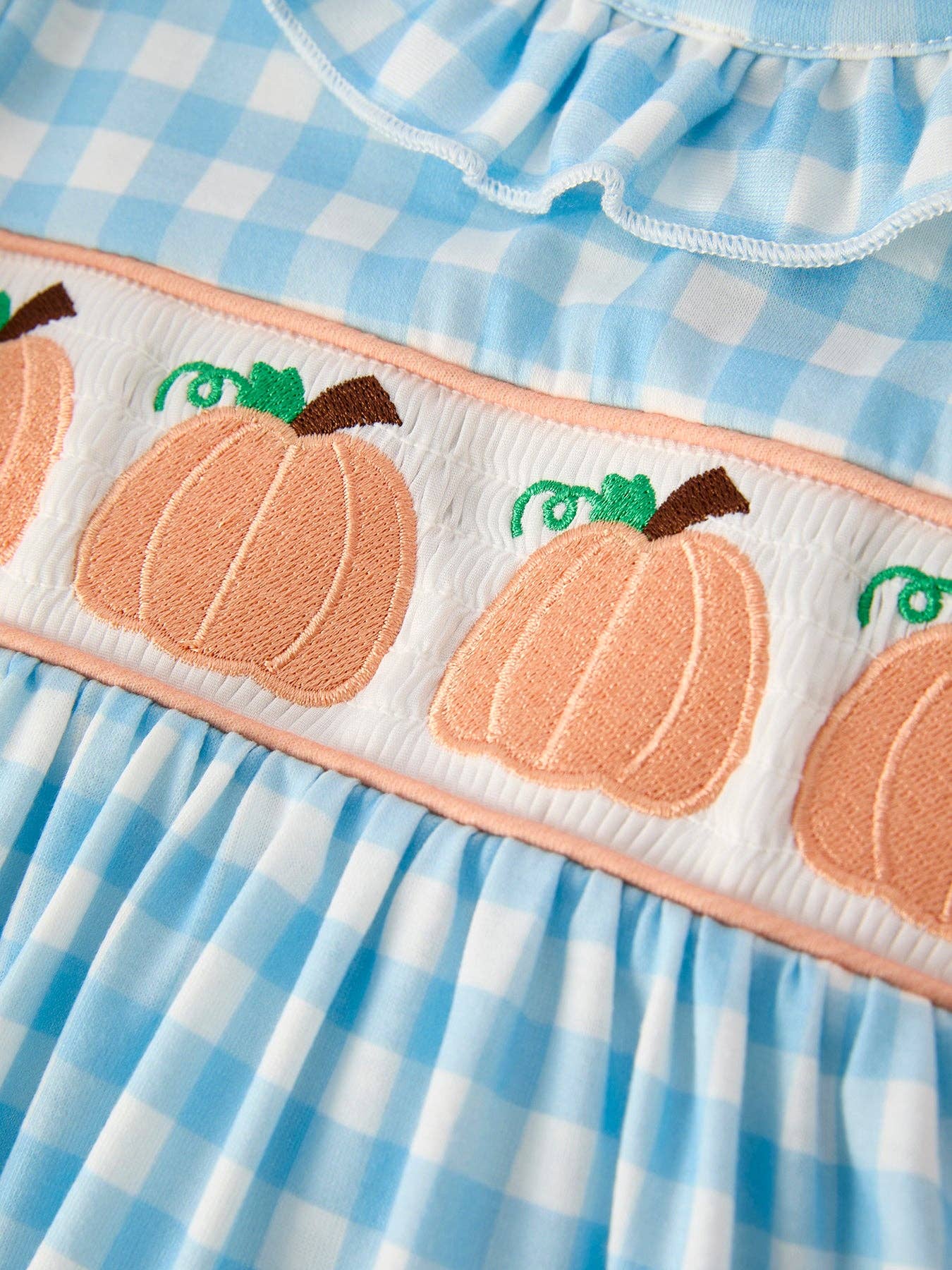 Halloween Pumpkin Embroidery Smocking Blue Plaid Dress