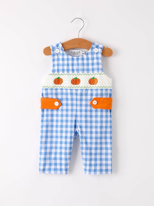Fall Thanksgiving& Halloween Blue Pumpkin Smock Embroidery Baby Boy Romper