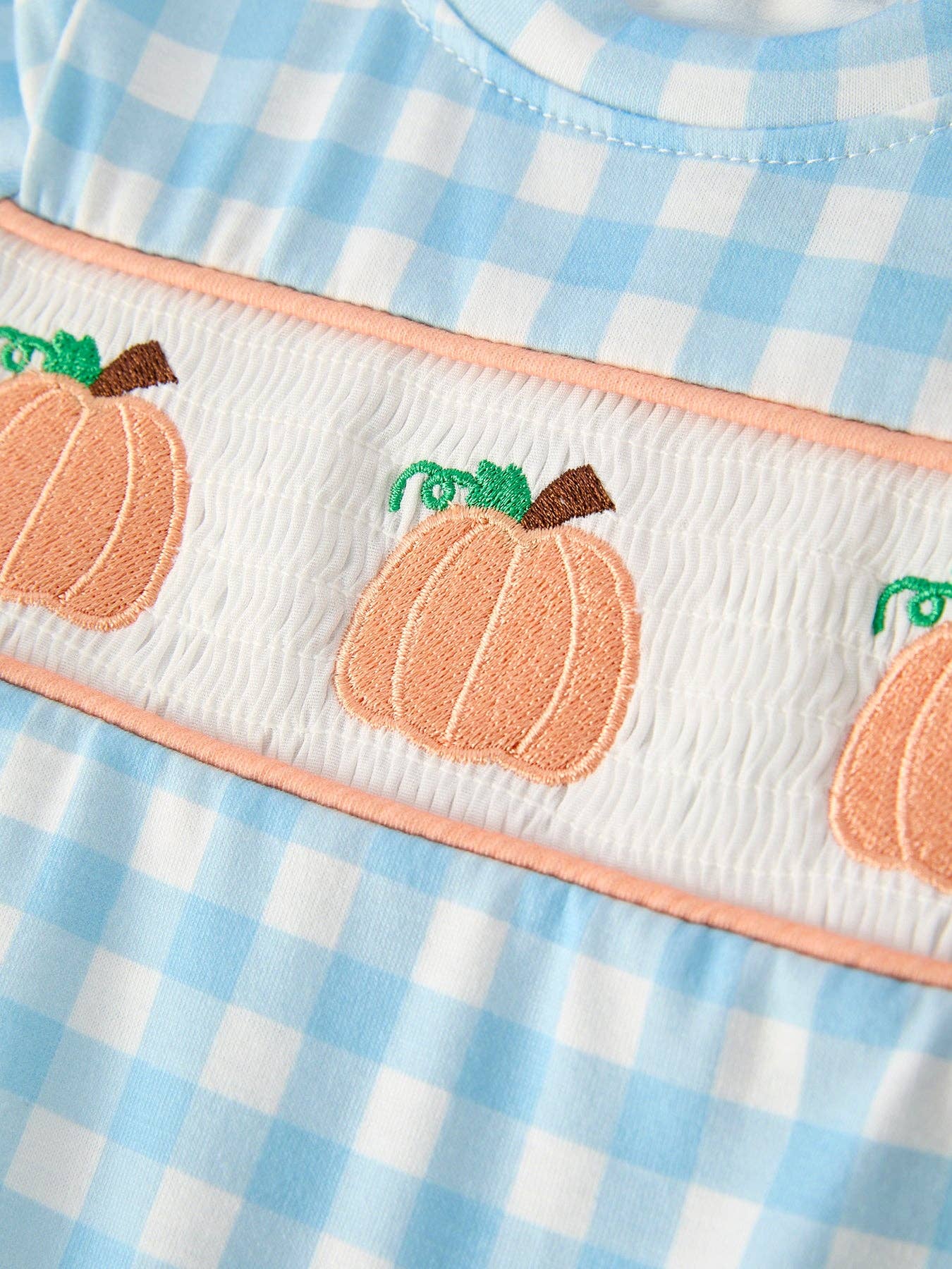 Halloween Boys Pumpkin Embroidery Smocking Blue Plaid Romper