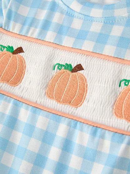 Halloween Boys Pumpkin Embroidery Smocking Blue Plaid Romper