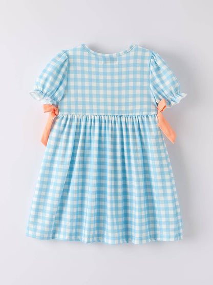 Halloween Pumpkin Embroidery Smocking Blue Plaid Dress