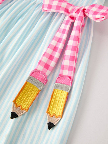 Back To School Girls Striped lapels Bow Dress