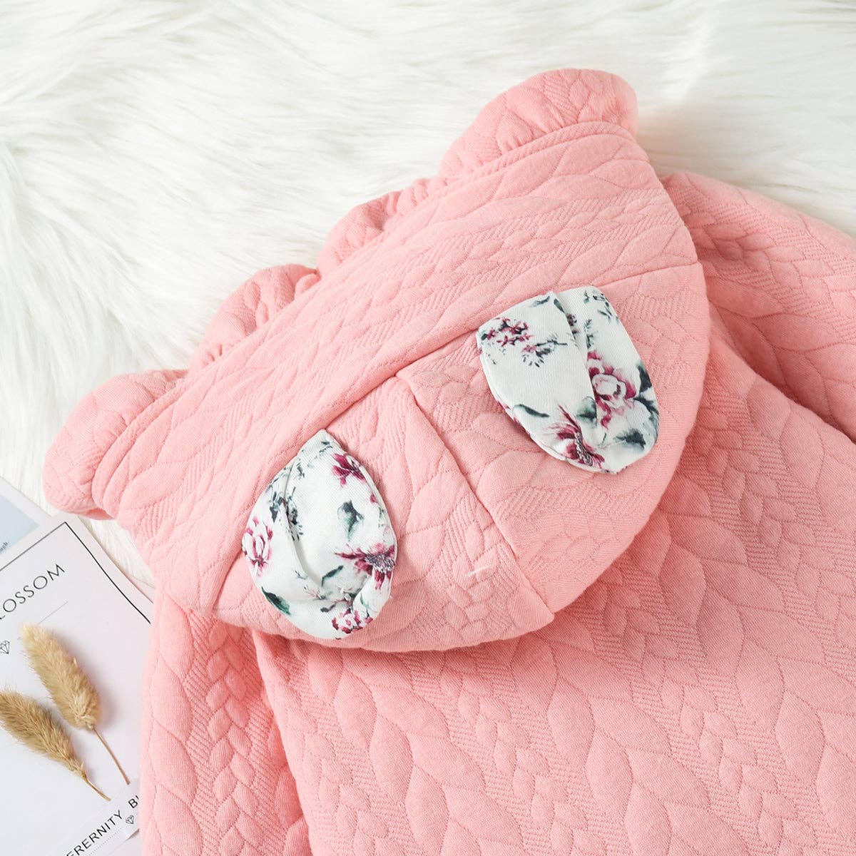 3D Ears Hooded  Pink Thickened Lined Baby Jumpsuit