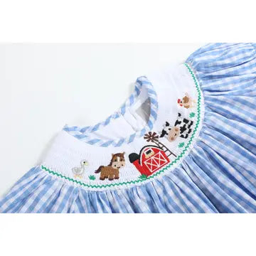 Blue Gingham Farm Smocked Bishop Dress