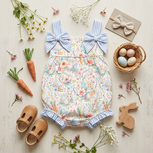 Floral and stripe bunny romper