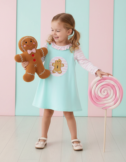 Blue Gingerbread Applique Ruffle Dress