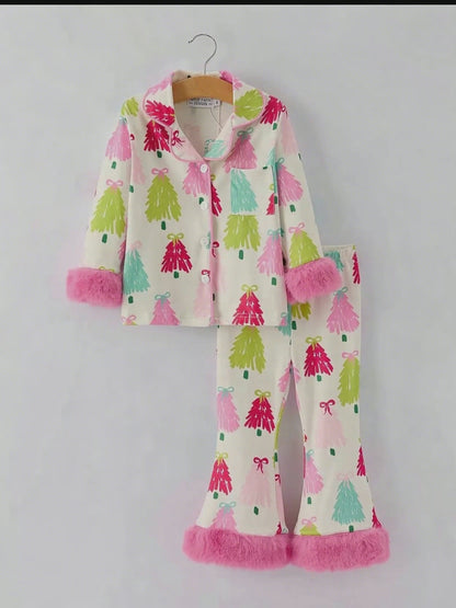 Christmas Tree Girls Pajama Set with Furry Trim: Perfect for Winter Nights